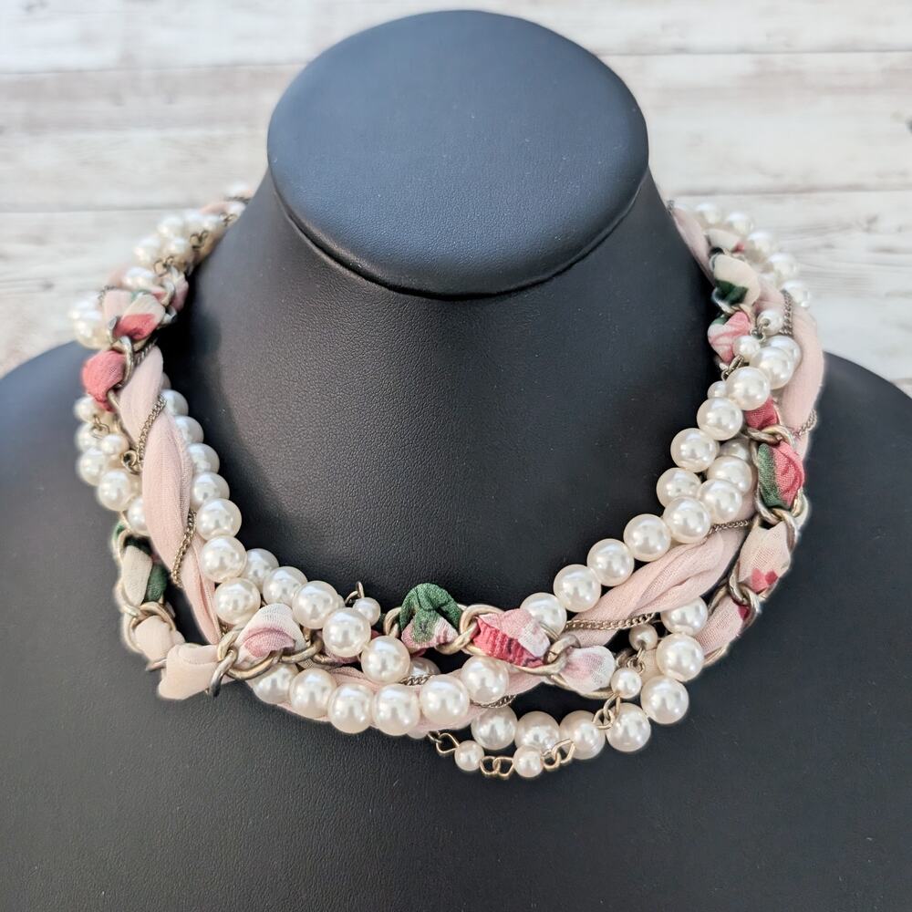 Vintage Necklace Unusual Faux Pearl & Fabric Twist Large Statement